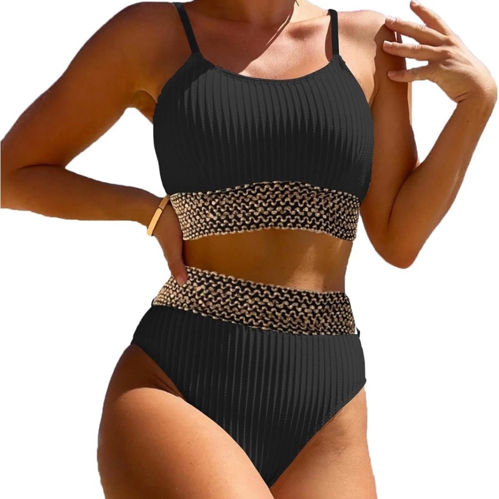 NWT Women’s High Waisted Swimsuit Two Piece Bikini Black Gold High Cut Cheeky